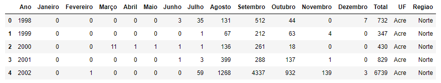 captura de tela do DataFrame com os dados de queimadas por estado.