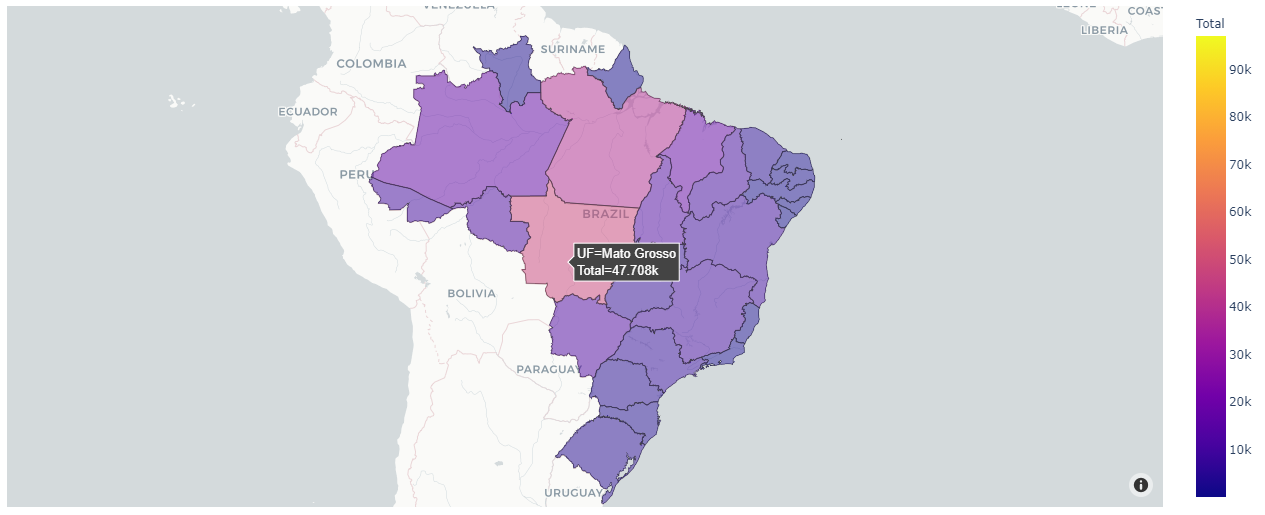 print do mapa gerado para o total de focos de queimadas no Brasil.