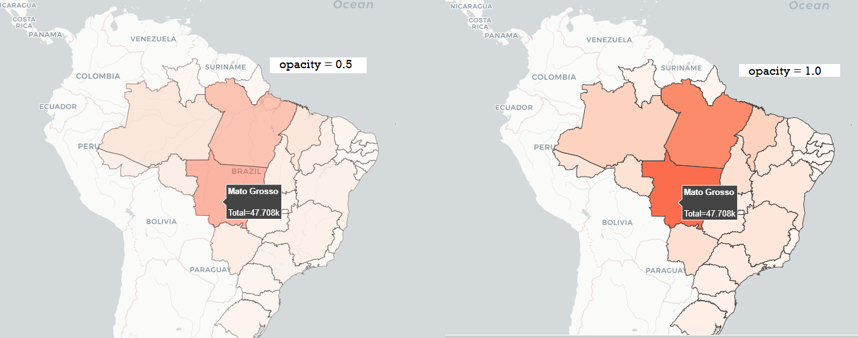 No gráfico à esquerda o mapa com opacidade de 0.5 apresenta cor muito menos intensa do que o mesmo mapa com opacidade de 1.0.