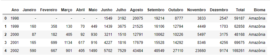 print do output gerado ao apresentar o DataFrame com os dados de foco de queimada nos biomas brasileiros