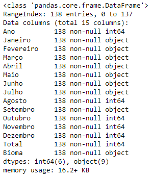 print do output gerado ao solicitar informações sobre o DataFrame.