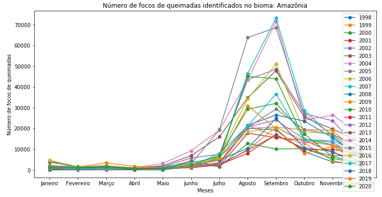 Gráfico de dispersão com linhas para o Bioma Amazônia em todo o período